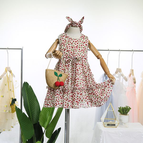 

girls chiffon dress 2019 summer new children's clothing small fresh cherry vest dress hair band, Red;yellow