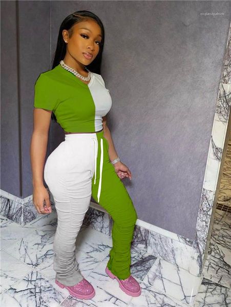 

contrast color tracksuits summer designer split flare pleated pants sets females casual new style suits women panelled, White