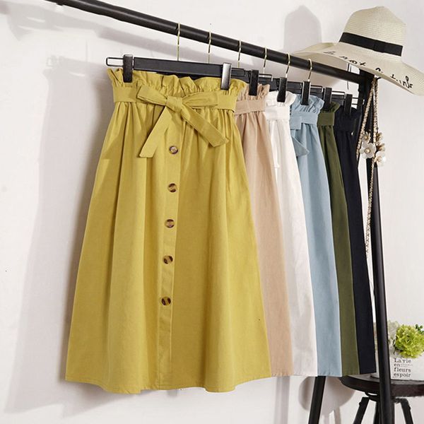 

long skirt women skirts elegant midi women fashion summer autumn button belt high waist school skirts female blue yellow skirt, Black