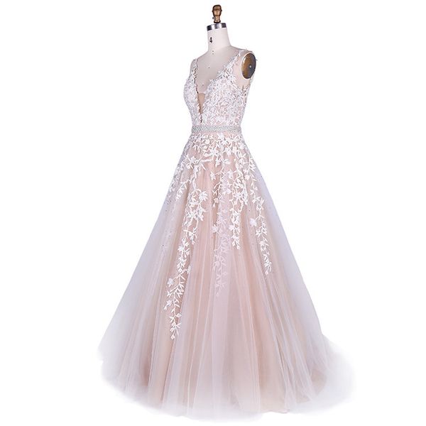 

backlakegirls new tulle evening dresses deepv neck long women dress for formal party appliques with beadings, White;black