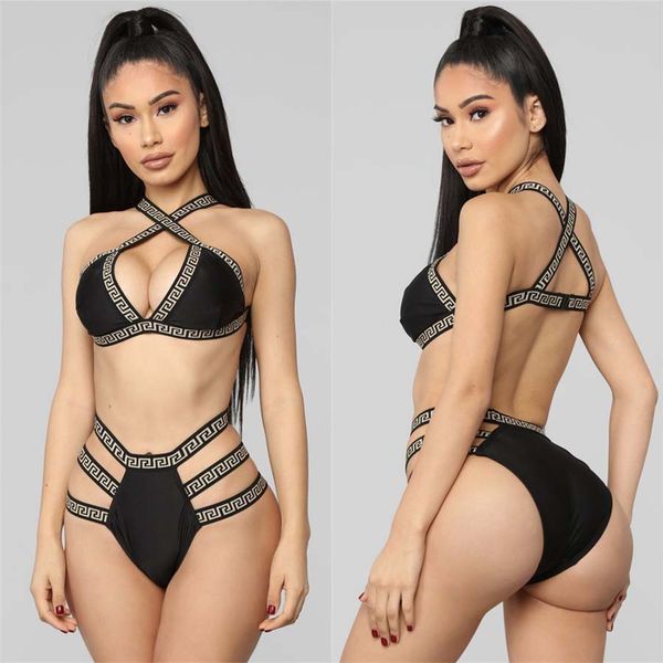 

Women Black Two Piece Outfits Fashion Pattern Designer Swimsuit Sexy Bikini Pop Print Lady BIKINI Swimsuit LS6245