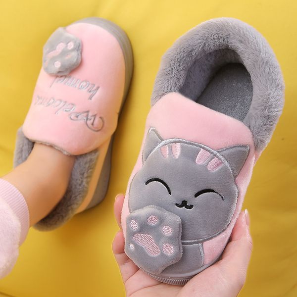 

winter kids boy girl slippers cartoon shoes candy color cat home slippers children warm cute indoor non-slip zapatillas, Black;grey