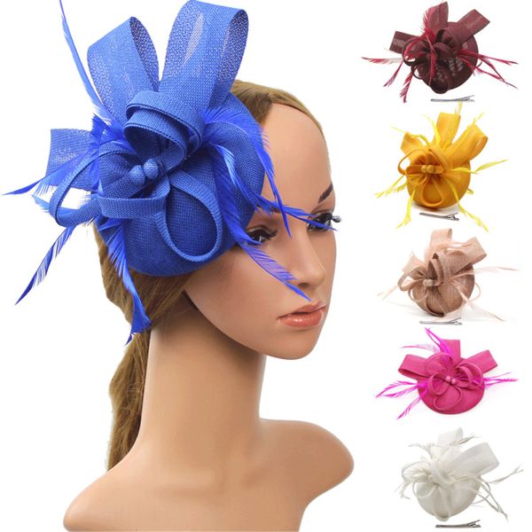 

2020 fascinating hair clip headband hat bowler feather veil wedding party new hair clip mesh cocktail wedding party hat, Blue;gray