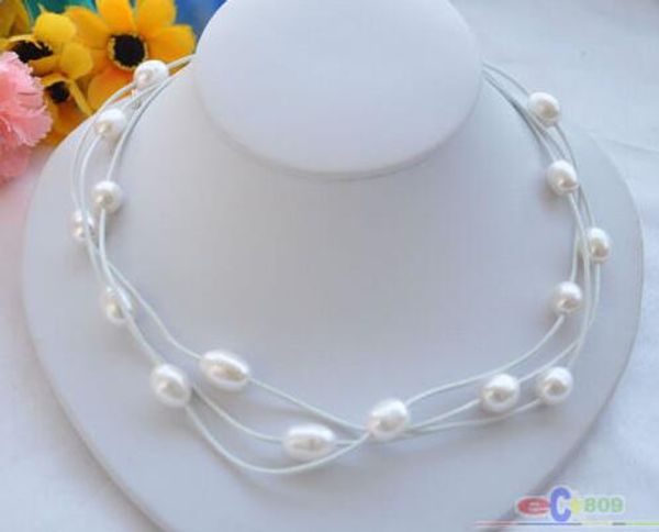 

wholesale 3row 18 "14mm rice white pearl leather necklace, Silver