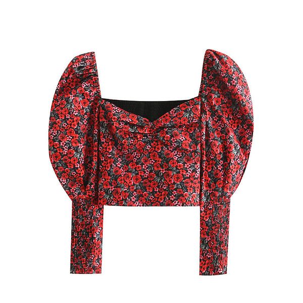 

deat 2020 spring long puff sleeve square collar red floral print short blouse crop women mh655, White