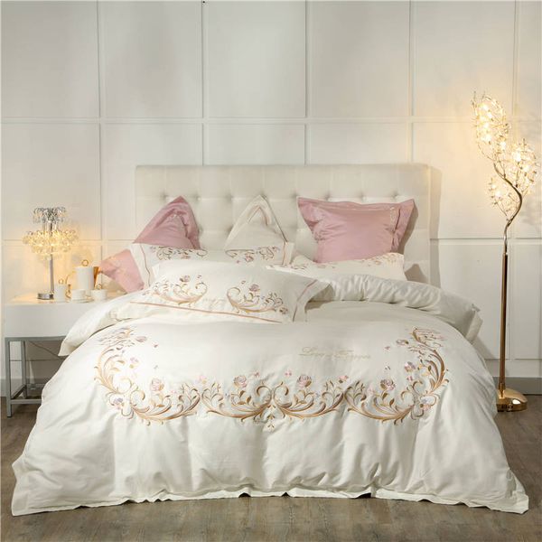 Luxury White Blue European Bedding Sets Queen King Size Embroidery