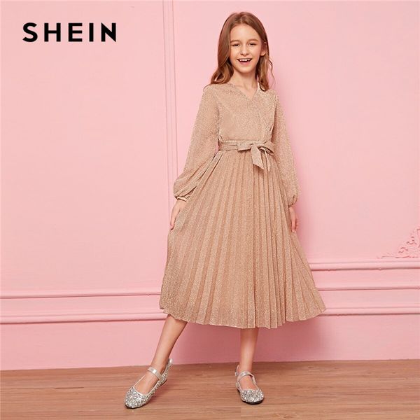 

shein kiddie pastel pink girls surplice wrap belted pleated glitter dress kids 2019 autumn bishop sleeve v neck flared dresses, Red;yellow