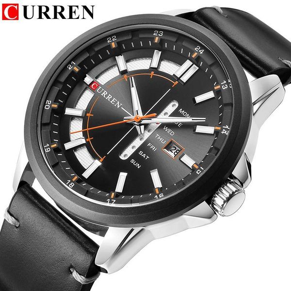 

curren casual leather strap business wristwatches classic black quartz men's watch display date and week waterproof male clock, Slivery;brown