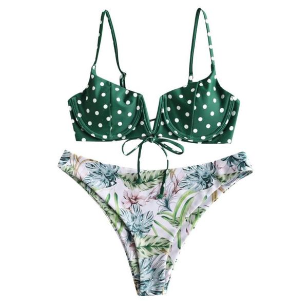 

bikinis set melphieer lady's 2021 bikini green and dots underwired v-neck high cut flower printed bottoms in stock
