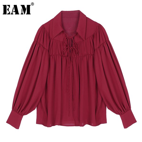 

eam] women white bandage pleated temperament blouse new lapel long sleeve loose fit shirt fashion tide spring autumn 2020 1r545