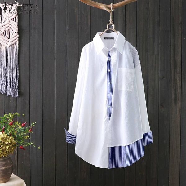

women's blouses & shirts 2021 autumn cotton linen blouse zanzea women casual long sleeve striped patchwork tunic blusas chemise plus s, White