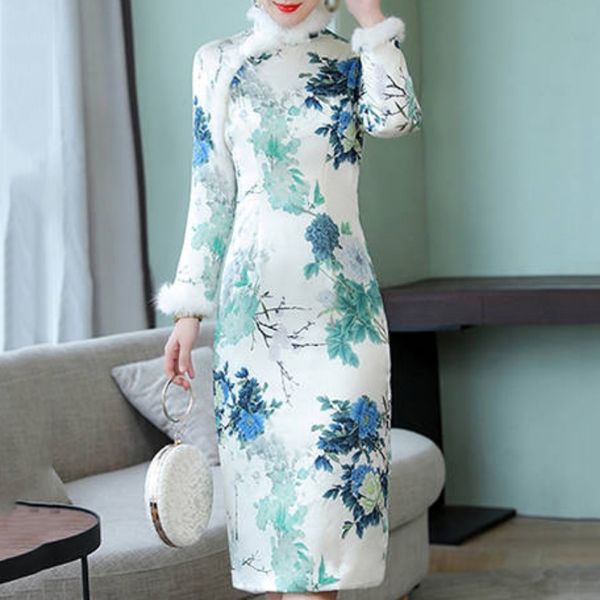 

chinese style cheongsam dress women flower print loose side split dresses autumn winter long sleeve mid long dress, Black;gray