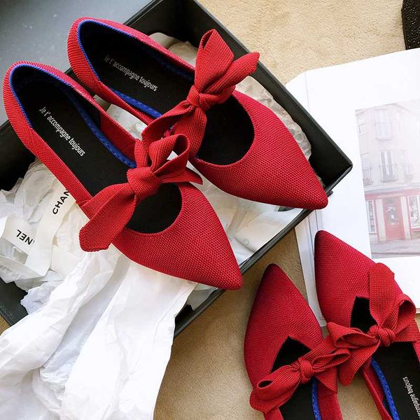 

style breathable knitting butterflyknot ballet flats woman shallow slip on comfy moccasins pregnant women shoes ballerina2020, Black