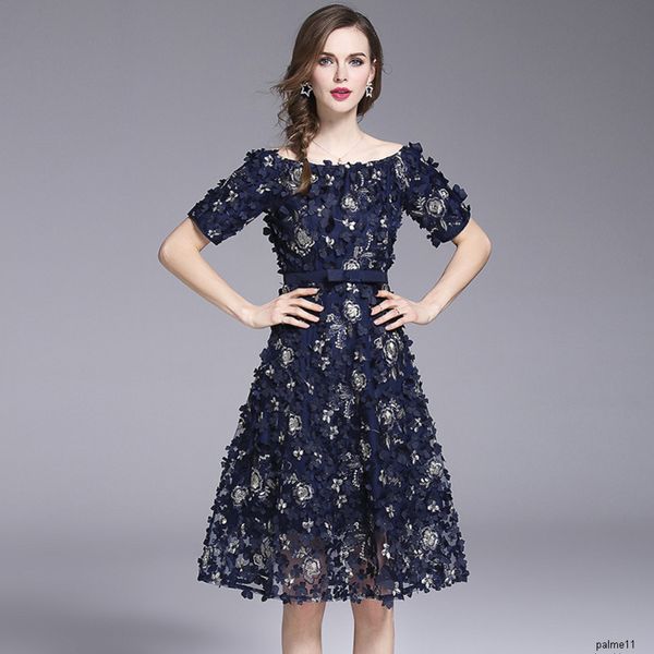 

womens designer temperament female season custom three-dimensional flower word collar waist dress skirth, Black;gray