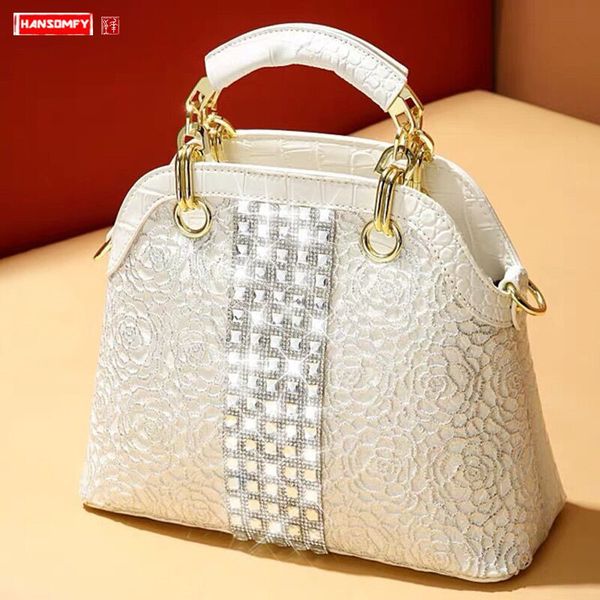 

2020 new leather women's bag cowhide crocodile lace bag fashion women diamond ladies handbag shoulder messenger shell bags
