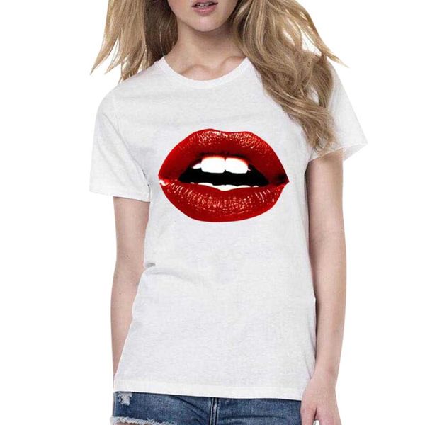 

women mouse mouth print shirts female red lips round neck short sleeved white t-shirt clothing lady short sleeve