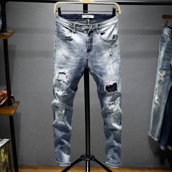 

spring and summer 2019 light korean personality patch jeans various personality running men's jeans mw319, Blue