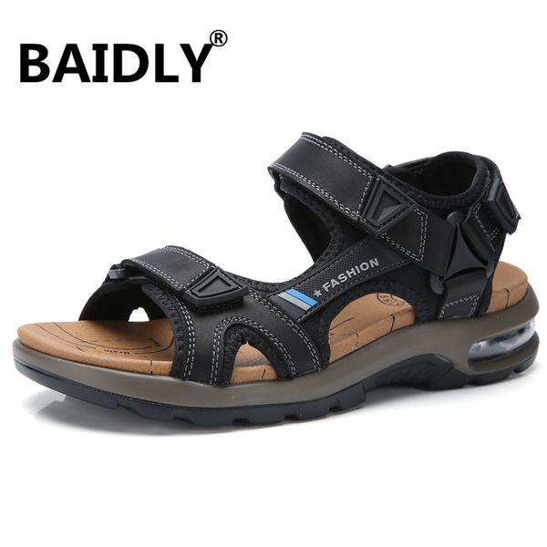 

genuine leather summer men's sandals casual beach shoes quality roman sandalias soft sole air cushion sandals big size, Black