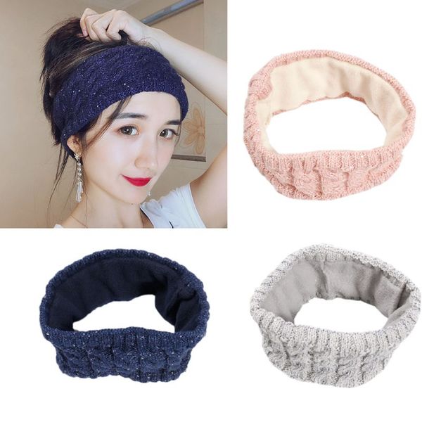 

women girls wide cable knitted headband crotchet glitter sequins headband winter solid color turban thicken faux wool ear warmer