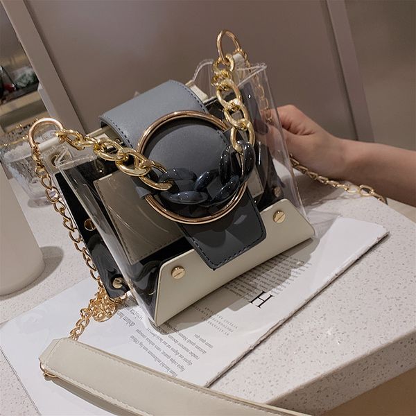 

transparent jelly bucket tote bag 2019 summer new pvc women's designer handbag lock chain shoulder messenger bag