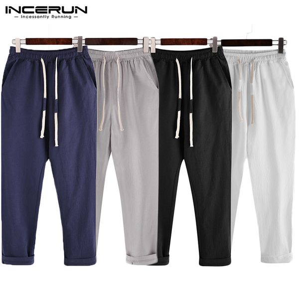 

incerun men pants joggers cotton solid fitness pockets 2019 casual trousers men streetwear drawstring harajuku pantalones hombre, Black