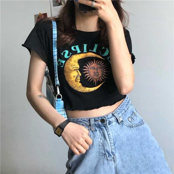 

summer new female korean version of the ins sun god alphabet print exposed navel t-shirt slim casual ulzzang harajuku t-shirt, White