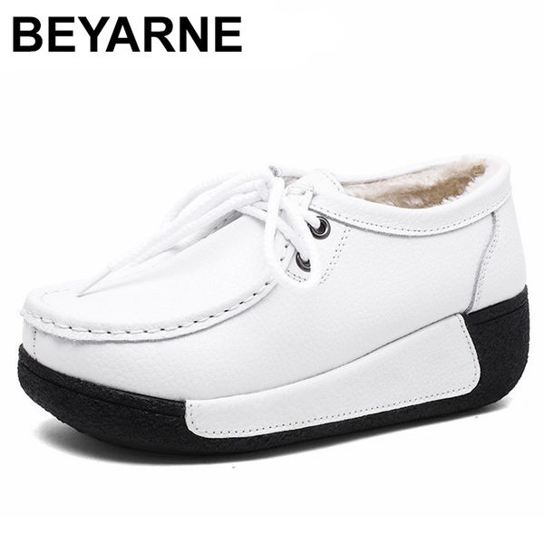 

beyarnenew winter shoes genuine leather womens flat platform shoes casual womens loafers plush slip-on sneakers for women, Black