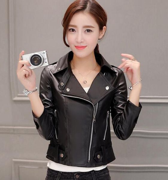 

женская весенняя и осенняя мода корейская версия деловой английский новый стиль бутик-шоу тонкий 100 pu мотоцикл кожаное пальто / s-3xl, Black