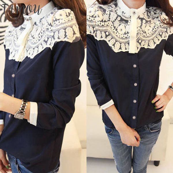 

women fashion lace floral women chiffon shirt button down long sleeve loose ladies blouse shirt vadim*, White