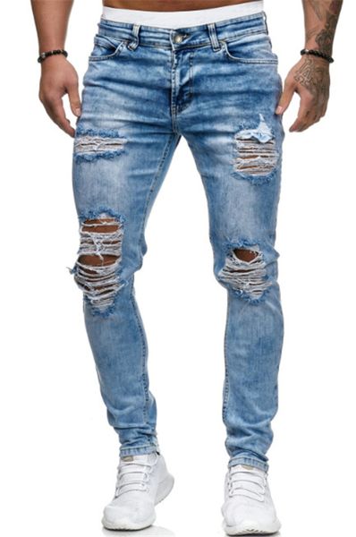 

hole blue mens jeans ripped distrressed solid casual male pencil pants slim washed fashion boys trousers