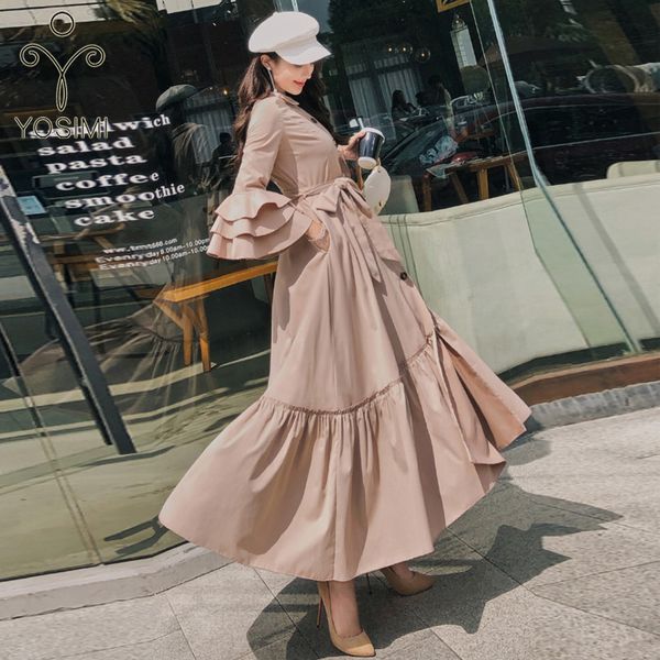 

yosimi 2019 autumn winter khaki women wild long trench coat outerwear maxi female coat sashes runway full sleeve windbreaker, Tan;black