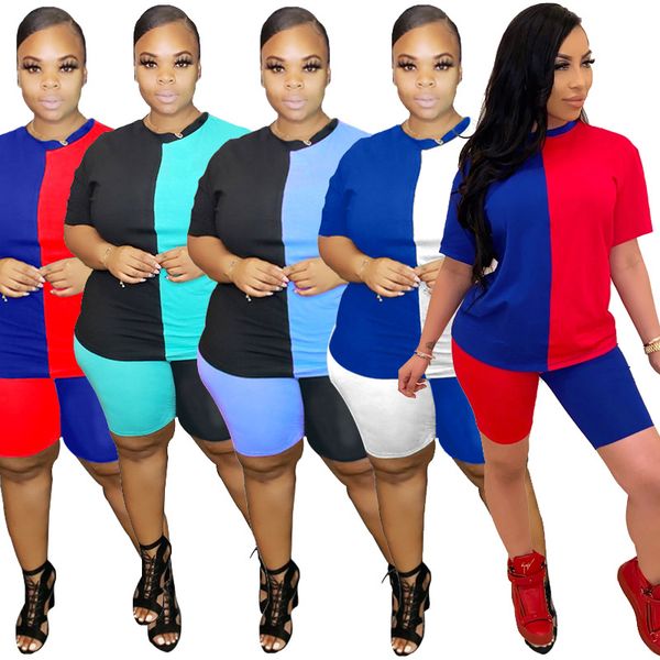 

5xl large fashion women's color matching sports short sleeve + shorts suit luxury designer white, red, green, light blue leisure suit w, Gray
