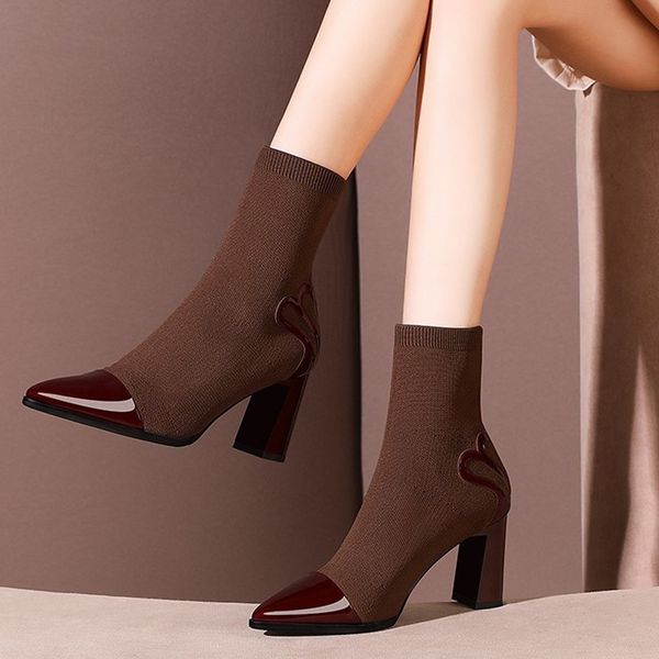 

boots women winter shoes fashion new women mesh stretch fabric square heel ankle bare boots pointed casual zapatos mujer booties, Black