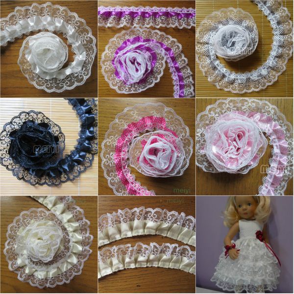 

5 yards 2-layer pleated organza fabric lace edge trim ribbon handmade diy wedding dress bridal sewing craft decoration, Pink;blue