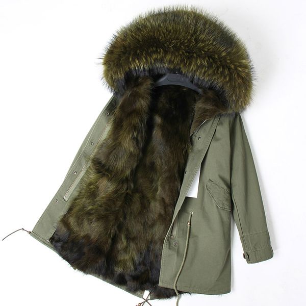 OFTBUY notizie Giacca Invernale Donna Cappotto di Pelliccia Reale Parka collo di Pelliccia di procione fodera in pelliccia di volpe allentato cappotto lungo verde militare streetwear