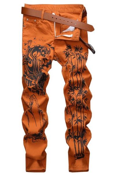 

дизайнерские мужские джинсы american trend street yellow stretch printing fashion motorcycle jeans personality ночной клуб повседневные брюк, Blue