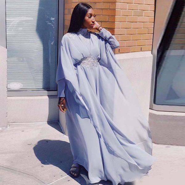 

modern dubai arabic long sleeve evening dresses a line high neck lace appliqued chiffon formal dress floor length prom wear, Black;red