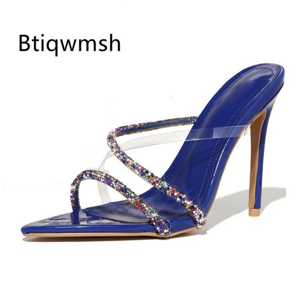 

2020 blue rhinestone sandals women open toe pointed head crystal sequined narrow band high heel shoes woman party shoes, Black