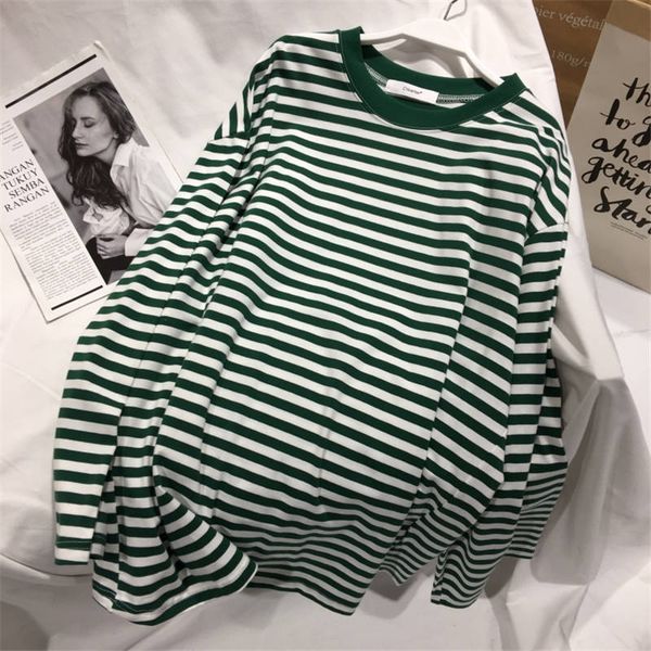 

the new women's stripe early fall thin t-shirt with a round neck and long sleeves for women's loose-fitting mid-length blouse, White