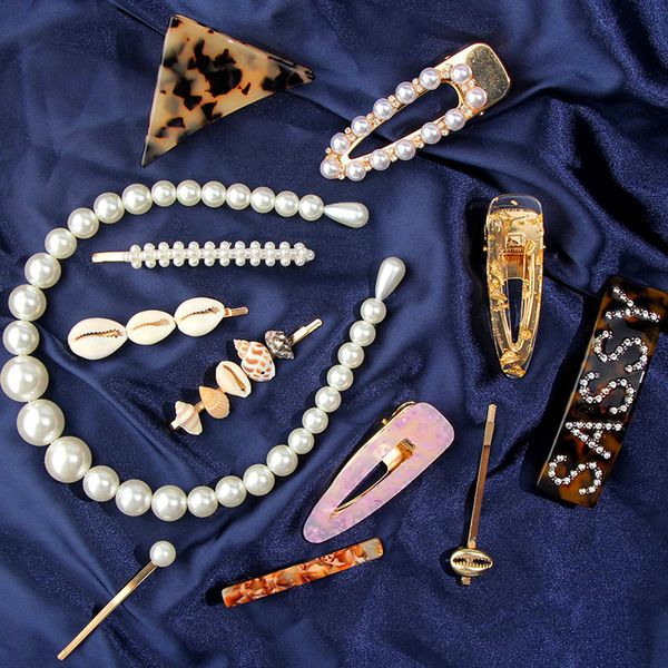 

just feel fashion shell pearls hair clips for women girls party gift resin letter leopard hair pins headband accessories, Golden;white
