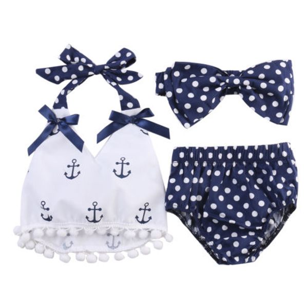 

summer baby girls anchor +polka dot briefs shorts 3pcs outfits set beachwear
