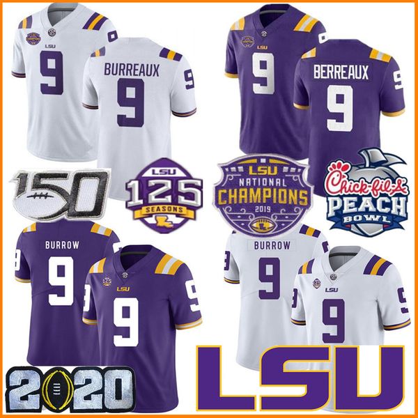

ncaa 2020 lsu burreaux jersey champions 9 joe burrow white purple burreaux tigers college football jersey, Black;red