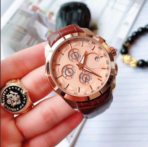 

ремешок из кожи высокого качества кварцевых часов полной функции автоматической дата отдых спортивного бренд мужских роскошных часов, Slivery;brown