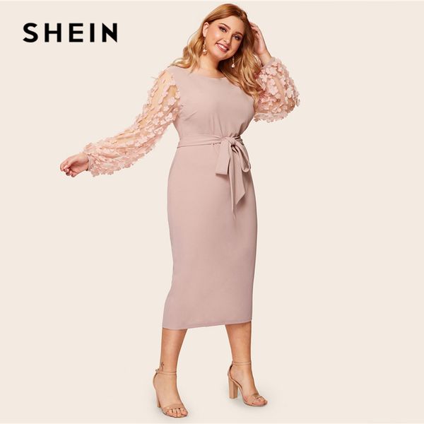 

shein plus size 3d appliques mesh sleeve belted pencil dres 2019 women romantic elegant bishop sleeve high waist dresses, Black;gray