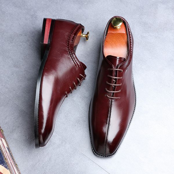 

men's formal shoes square head fashion leather shoes men large size lace up business dress quality wedding male, Black