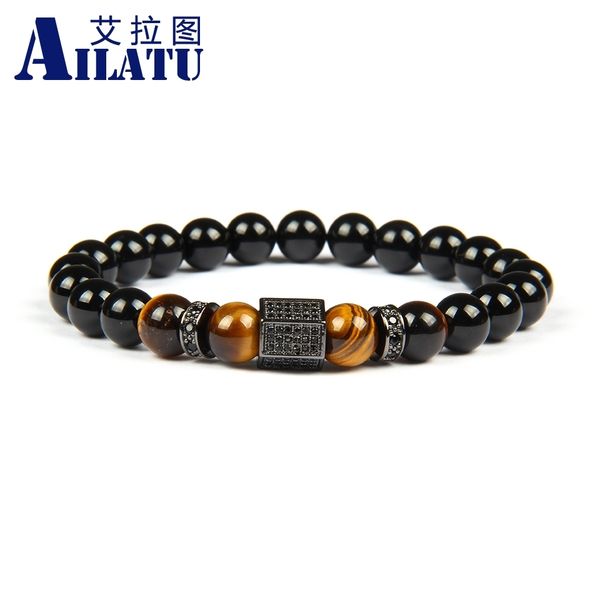 

ailatu luxury bracelet micro pave black cz hexagon beaded bracelet 8mm natural black onyx & tiger eye stone, Golden;silver