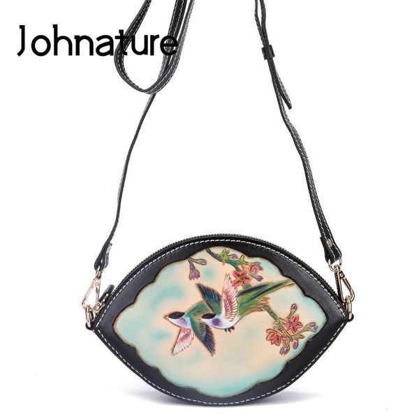 

johnature handmade leather carving ladies shoulder bag 2020 new vintage flowers and birds cowhide women messenger bags