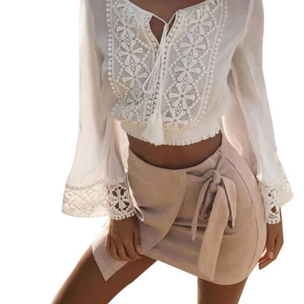 

2018 summer womens and blouses tunic white lace floral v neck flare sleeve crop beach long sleeve shirt women clothes