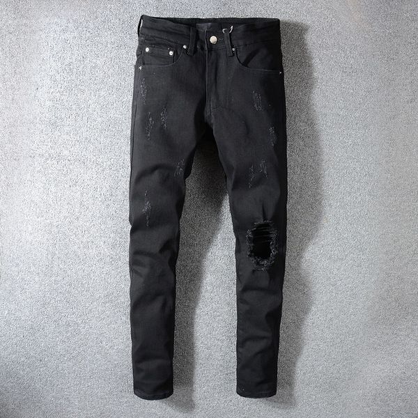 

summer mens designer jeans brand slim fit fashion brand black knee hole denim pants ripped distressed slim pencil pants, Blue