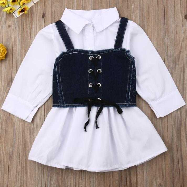 

fashion toddler kids baby girl dress+vest long sleeve sling white a-line dress denim vest summer clothes set, Red;yellow
